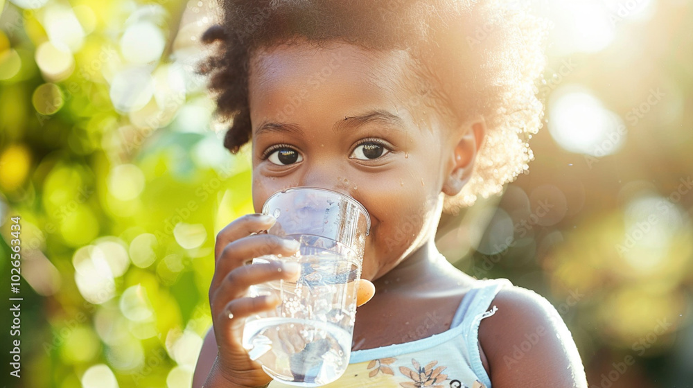 African thirsty child smiling and drinking clean water from the glass. Hydration lack of water in third countries, volunteer help concept. African thirsty child smiling and drinking clean water from the glass. Hydration lack of water in third countries, volunteer help concept.