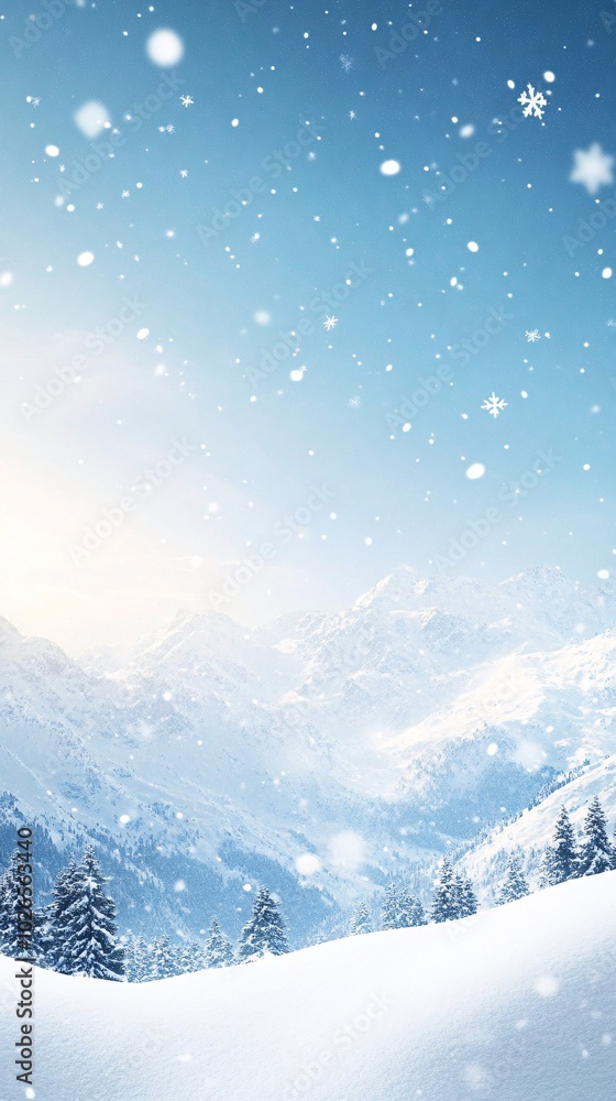 Snowy mountain landscape with falling snow and clear blue sky. Snowy mountain landscape with falling snow and clear blue sky.