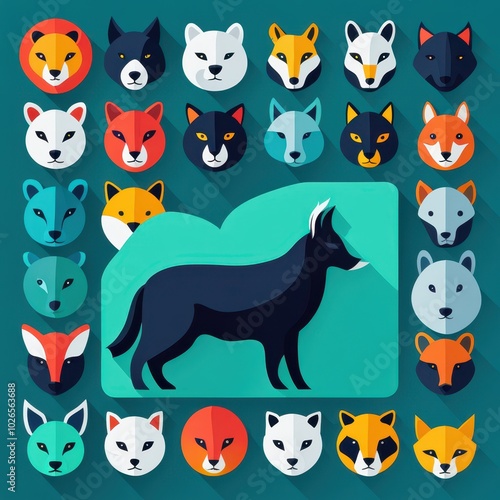 A colorful collection of animal head illustrations with a central silhouette of a dog.