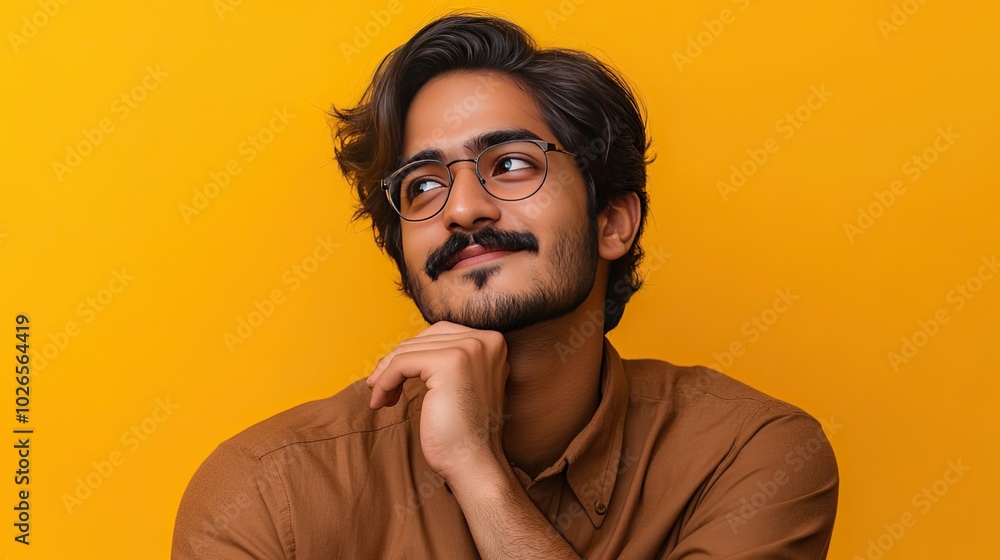 A young man with a mustache and glasses looks thoughtfully upwards against a bright yellow background. A young man with a mustache and glasses looks thoughtfully upwards against a bright yellow background.