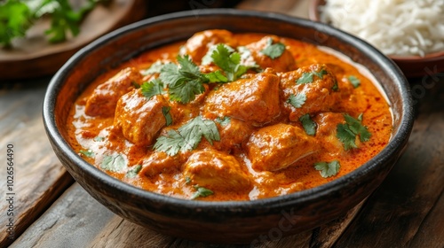 A bowl of chicken tikka masala with cilantro garnish and rice on the side.