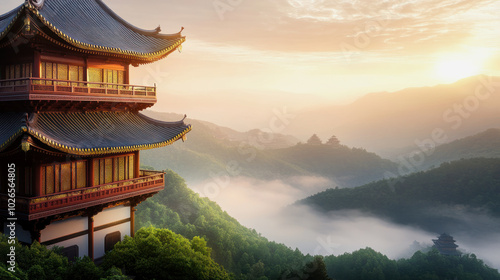 Wallpaper Mural Serene sunrise over traditional Asian architecture nestled in lush mountains of an enchanting landscape Torontodigital.ca