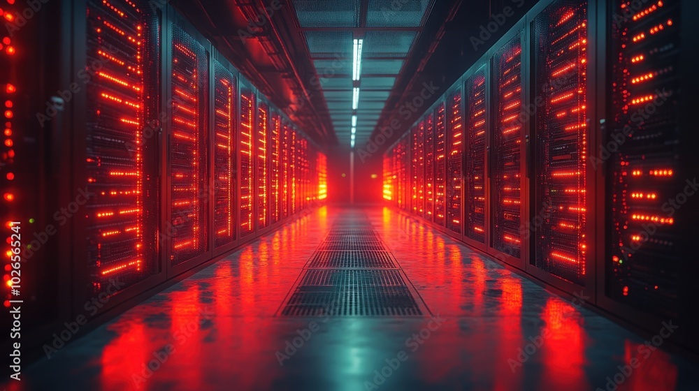 Fototapeta premium Rows of Brightly Lit Network Servers in a Modern Data Center
