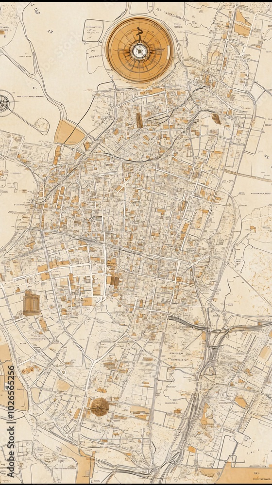 Obraz premium Vintage hand-drawn map of a city with compass and decorative details.