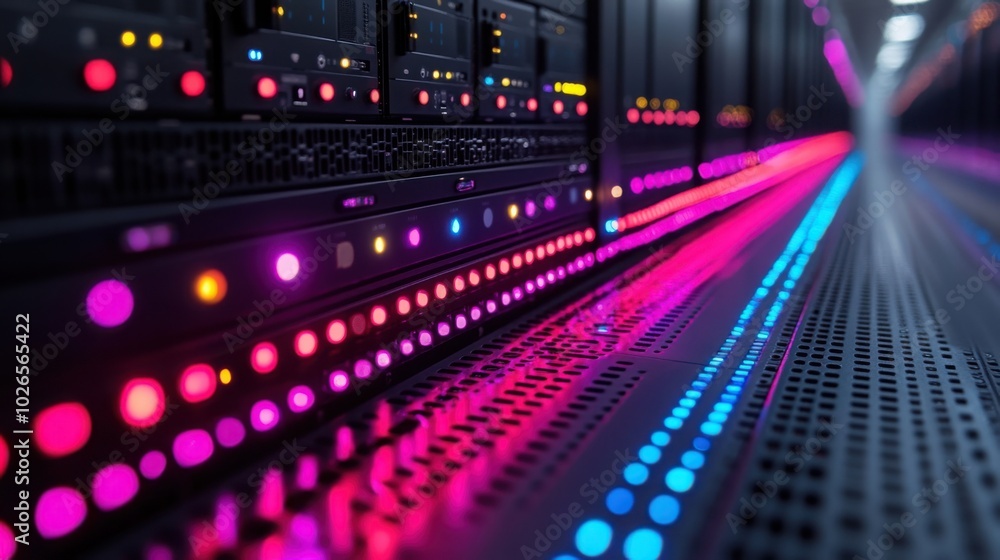 Fototapeta premium Rows of Glowing Network Servers with Multicolored LEDs for IT Infrastructure and Technology Usage