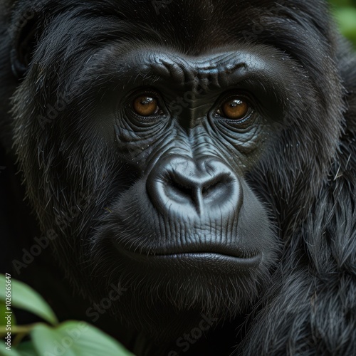 A close-up portrait of a gorilla looking directly at the camera with intense eyes and a serious expression.