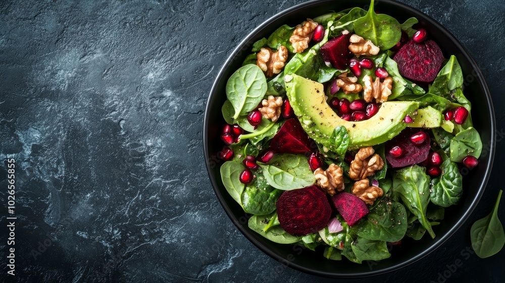 A bowl of fresh salad with spinach, avocado, beetroot, walnuts and pomegranate. A bowl of fresh salad with spinach, avocado, beetroot, walnuts and pomegranate.