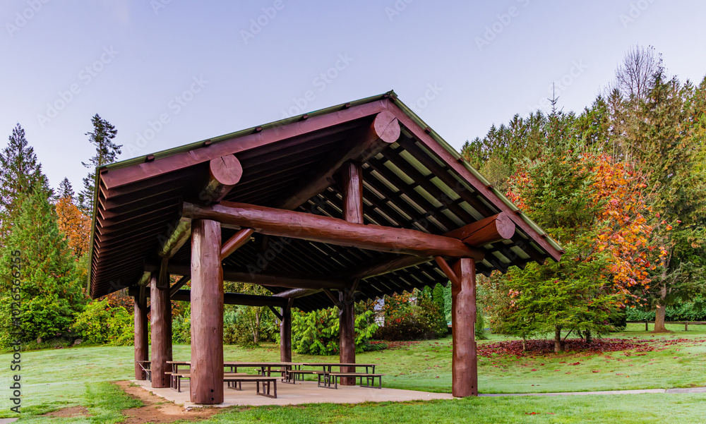 Wooden Picnic Shelter in Mission BC Park During Autumn Wooden Picnic Shelter in Mission BC Park During Autumn