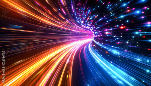 Colorful, swirling light display with a bright blue and orange streak. The light is moving in a tunnel, creating a sense of motion and energy