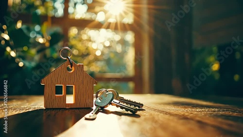 Wooden house key chain with keys on a wooden surface with sunlight shining through a window in the background.