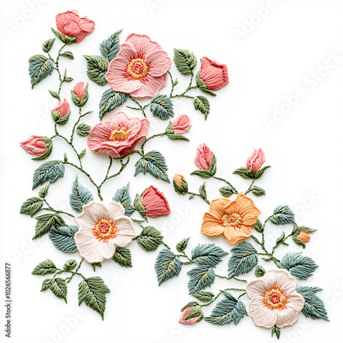 Floral embroidery pattern of bouquets on a white background