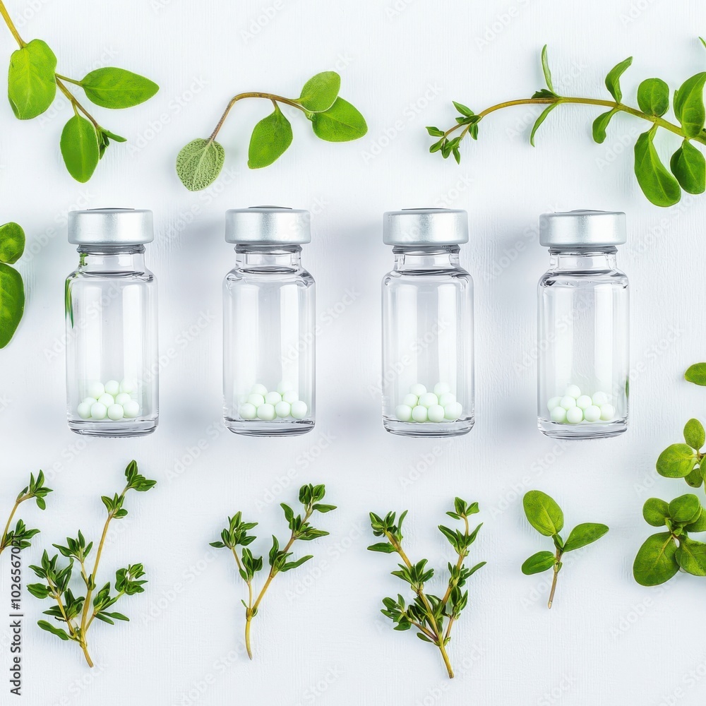 Homeopathy Vials with Herbs on Flat Surface Homeopathy Vials with Herbs on Flat Surface