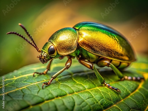 Stunning Golden Beetle on Leaf: Nature's Radiant Insect in Vibrant Green Environment Captured in Macro Photography