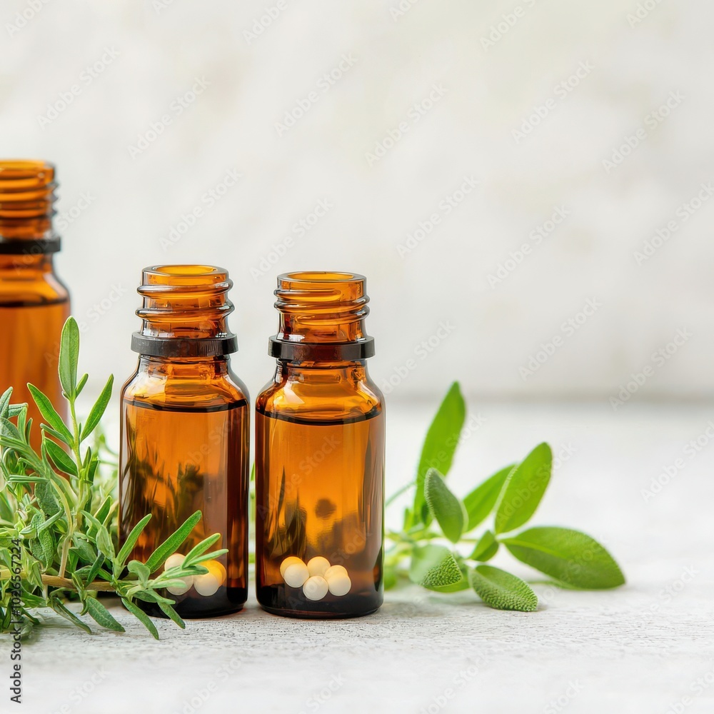 Assorted Homeopathic Remedies with Fresh Herbs Assorted Homeopathic Remedies with Fresh Herbs