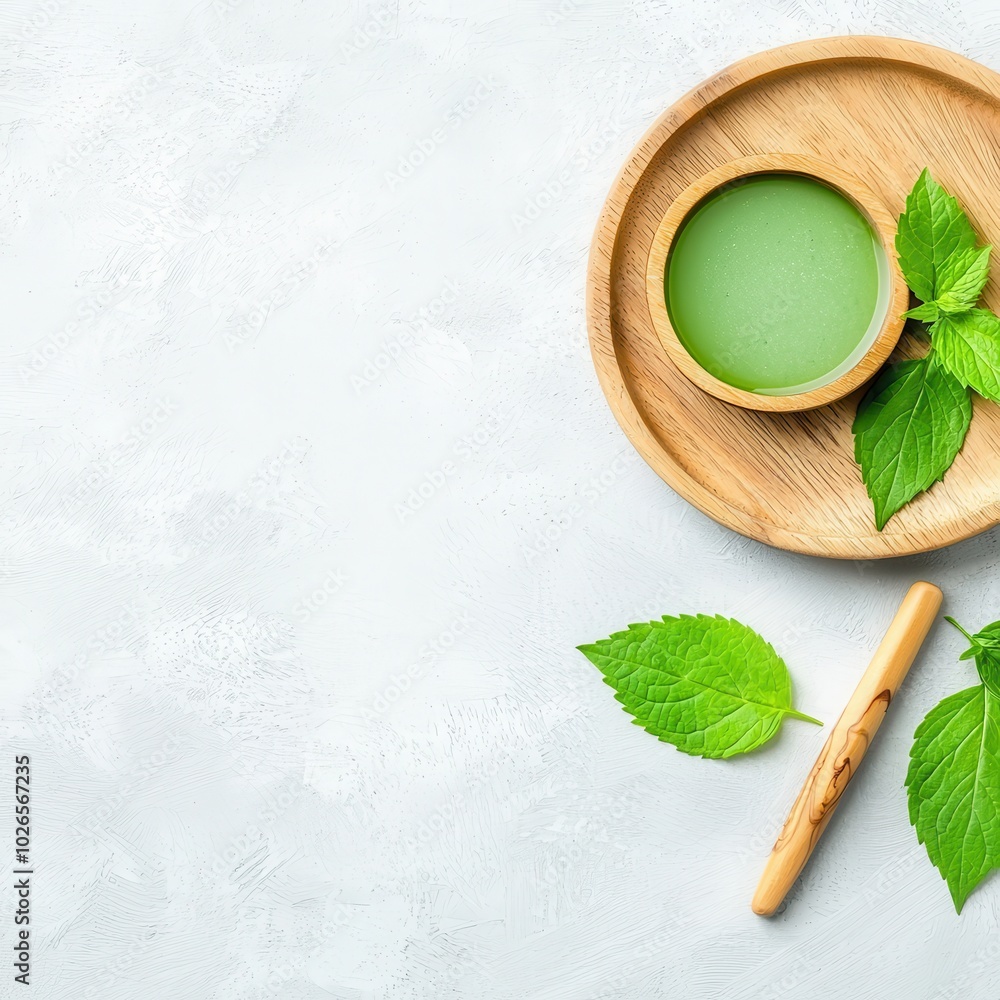 Natural Green Remedy on Wooden Tray with Leaves Natural Green Remedy on Wooden Tray with Leaves