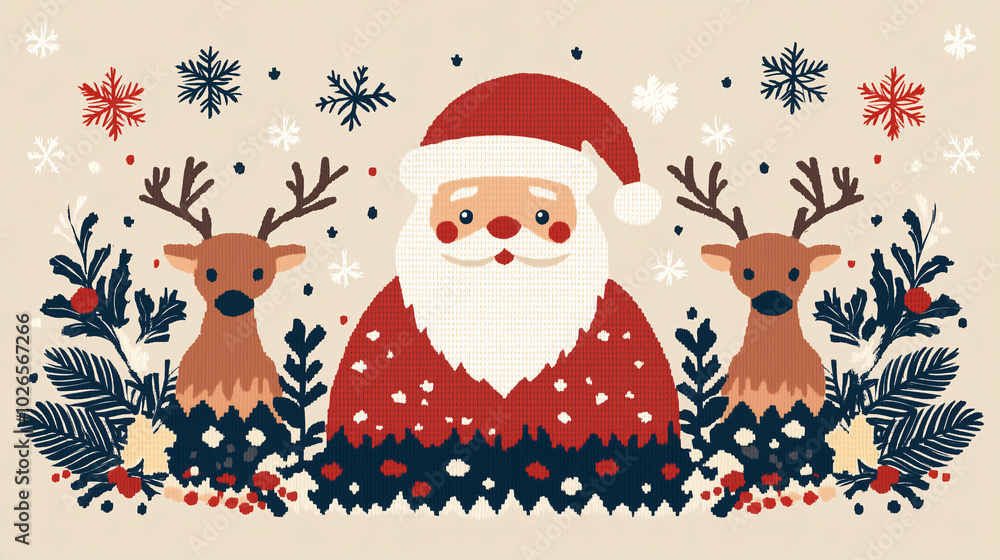 A joyful Santa Claus with his reindeer on a snowy winter day - knitted texture A joyful Santa Claus with his reindeer on a snowy winter day - knitted texture