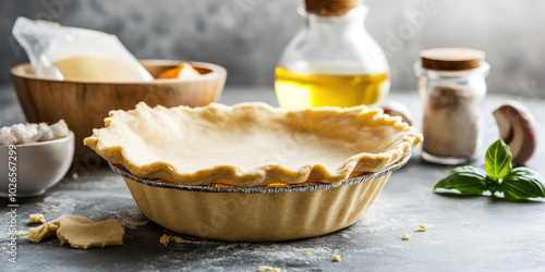 Empty raw pie crust in a pie dish, background with baking ingredients on a table, homemade cooking and preparation photo