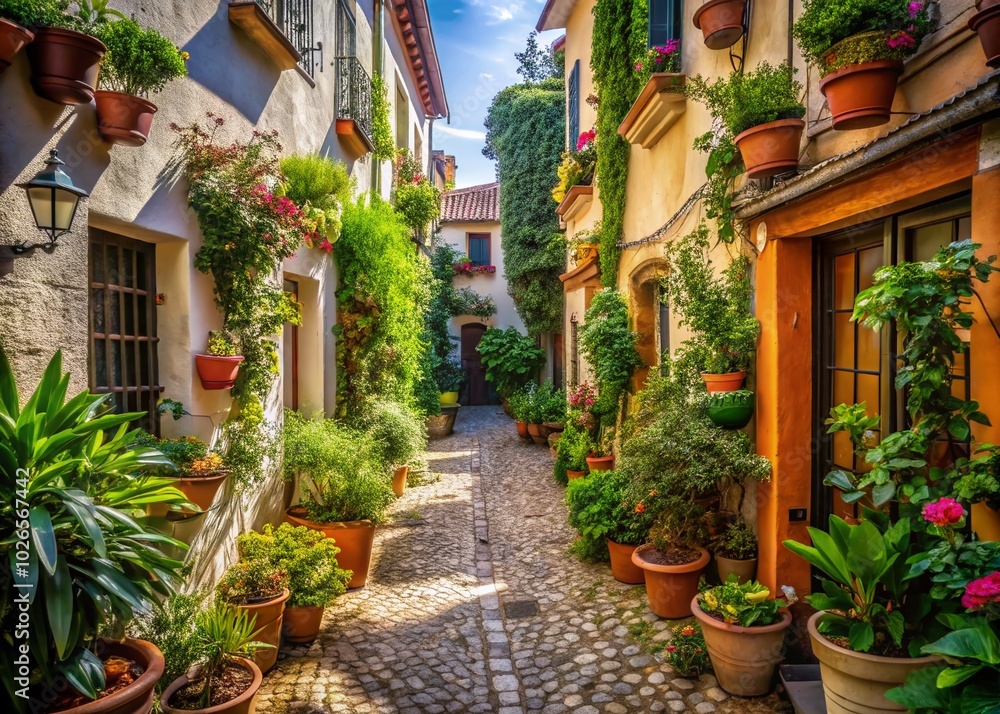 Fototapeta premium Charming Narrow Street with Potted Plants and Quaint Houses - Candid Photography