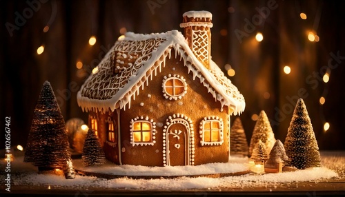 Casa de galletas de Navidad con nieve y árboles de Navidad con luz cálida. Recetas de Navidad y decoración. Pan de jengibre