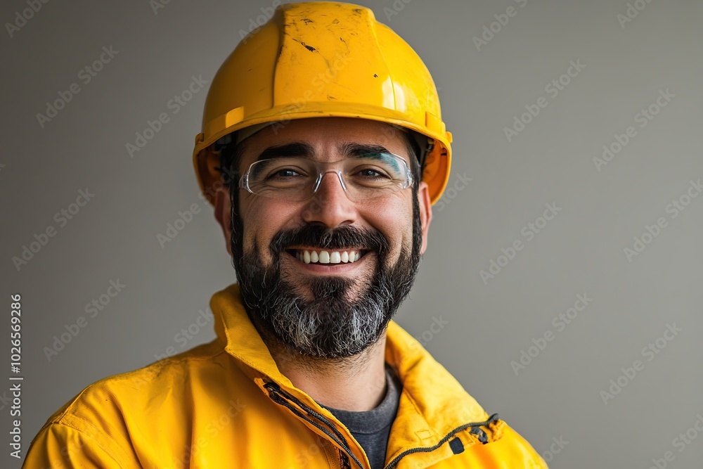 Portrait of worker in helmet and safety vest on grey background Portrait of worker in helmet and safety vest on grey background