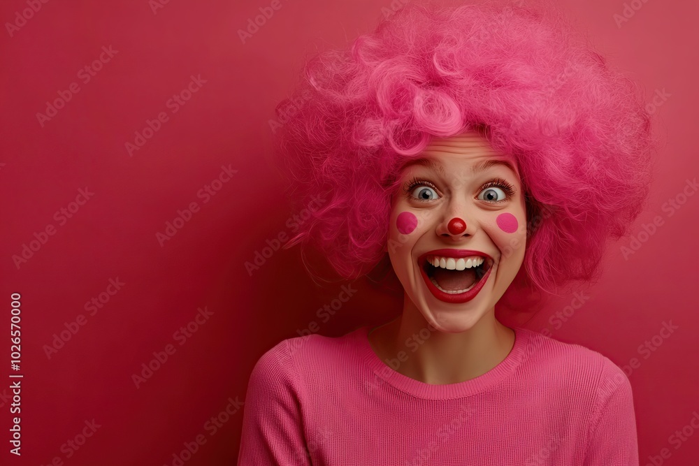 Portrait of beautiful emotional woman in wig on pink background Portrait of beautiful emotional woman in wig on pink background
