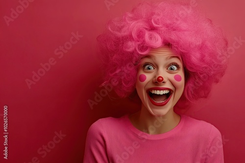 Portrait of beautiful emotional woman in wig on pink background