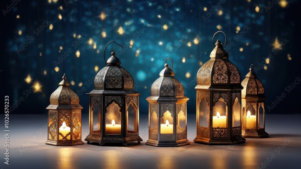 Fototapeta premium A collection of ornate lanterns glowing softly against a starry background.