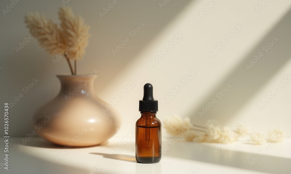 Amber bottle next to delicate flowers in a calm atmosphere. Amber bottle next to delicate flowers in a calm atmosphere.