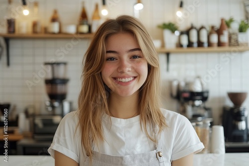 Cute woman barista stands behind the counter of coffee shop. Takeaway food