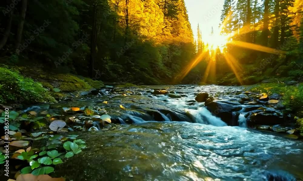 Tilt down with evening light: A pristine mountain stream with crystal-clear water. The camera tilts down from the surrounding forest canopy to the sparkling stream below, capturing the clarity of the Tilt down with evening light: A pristine mountain stream with crystal-clear water. The camera tilts down from the surrounding forest canopy to the sparkling stream below, capturing the clarity of the