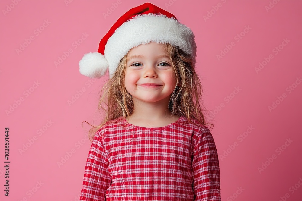 Smiling child girl in checkered pajamas and red santa hat Smiling child girl in checkered pajamas and red santa hat