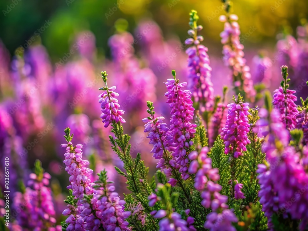 Obraz premium Stunning Heather Taras Blooms in Nature's Palette: A Visual Delight of Purple and Green in Scenic Landscapes
