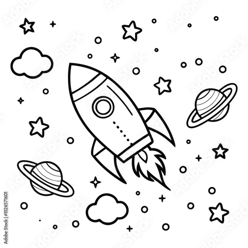 Rocket in space around planets and stars coloring page for kids	