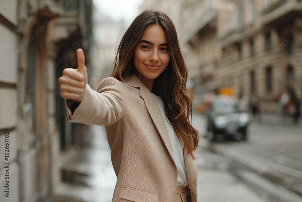 Charming businesswoman with silky long hair walking on city streets and showing gesture thumb up Charming businesswoman with silky long hair walking on city streets and showing gesture thumb up