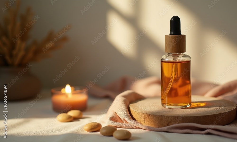 Amber bottle next to delicate flowers in a calm atmosphere. Amber bottle next to delicate flowers in a calm atmosphere.