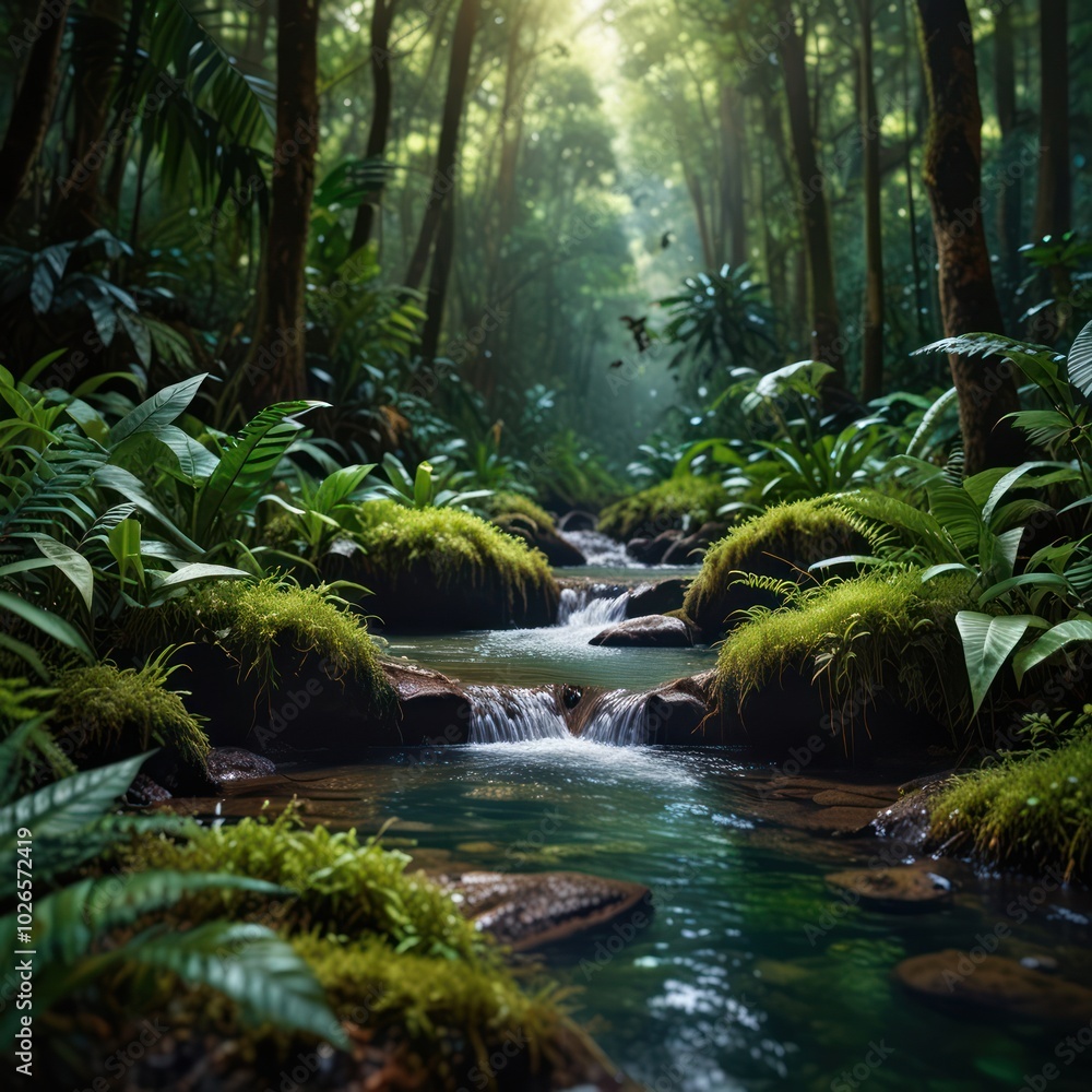 A tranquil stream flows through a lush, green jungle with sunlight filtering through the trees. A tranquil stream flows through a lush, green jungle with sunlight filtering through the trees.