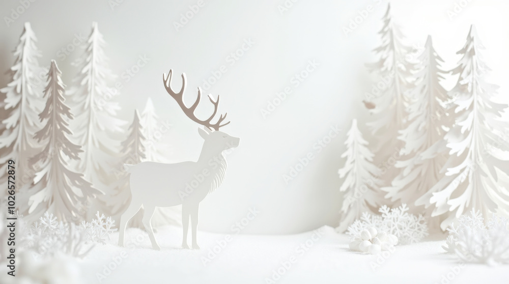 Minimalist Winter Wonderland with Paper Deer in Snowy Forest Minimalist Winter Wonderland with Paper Deer in Snowy Forest