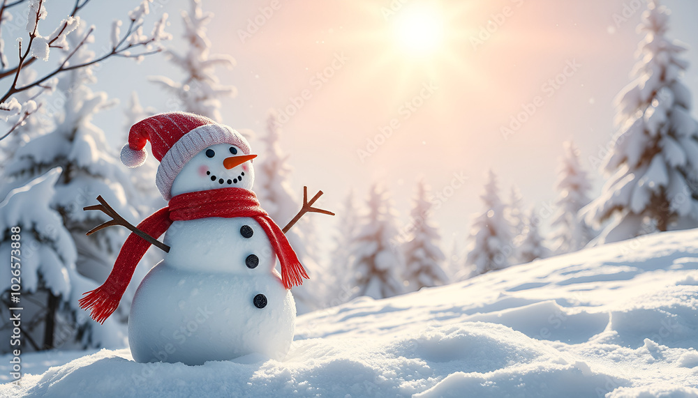 Obraz premium Cheerful snowman wearing a red scarf and hat against a snowy landscape