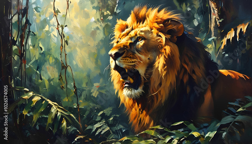 A majestic lion roars in a lush jungle, sunlight filtering through the foliage, highlighting its mane and power photo