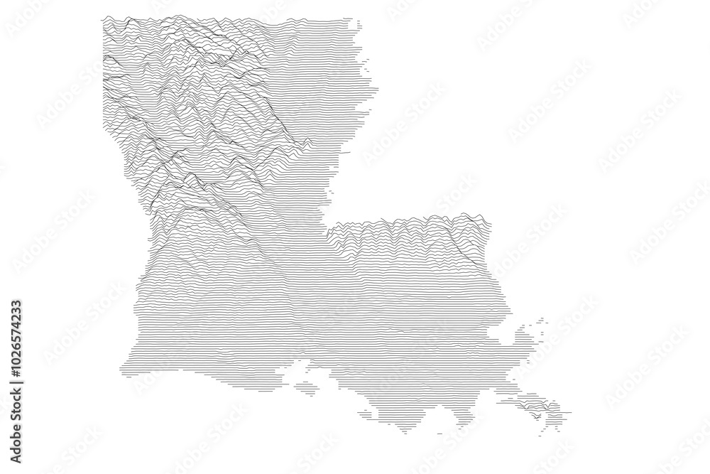 Fototapeta premium Louisiana Elevation Ridgeline Map - Topographic SVG Visualization of State Terrain from Gulf Coast Marshes to Upland Plains