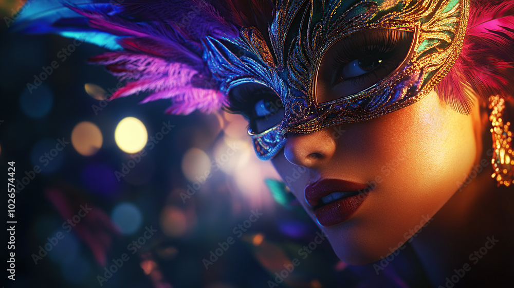 Colorful Venetian mask with feathers on bokeh background Colorful Venetian mask with feathers on bokeh background