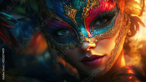 Colorful Venetian mask with feathers on bokeh background