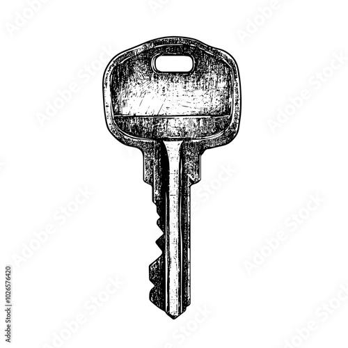 Old-fashioned Key with photocopy effect and grunge stippling texture. Y2K vector illustration for posters and t-shirts.