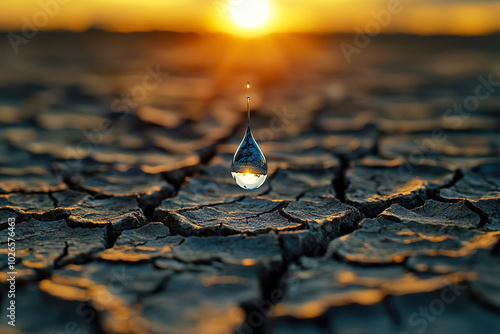 A life-saving drop of water hovers falling on a parched dry soil