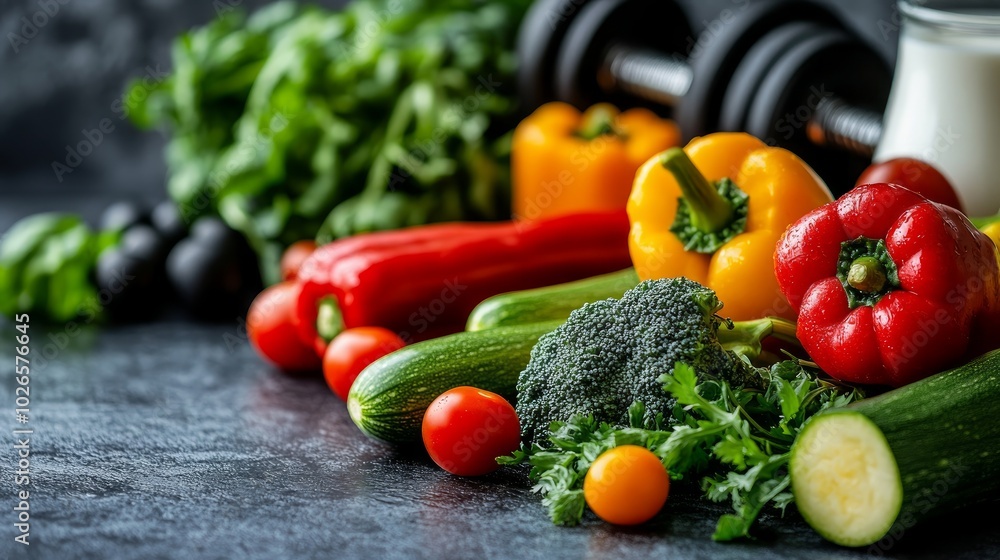 A dumbbell, a glass of milk, and fresh vegetables. A dumbbell, a glass of milk, and fresh vegetables.