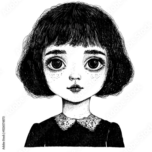 Porcelain Doll with photocopy effect and grunge stippling texture. Y2K vector illustration for posters and t-shirts.