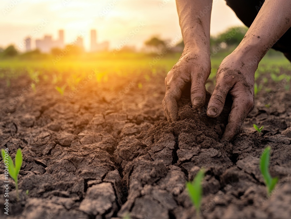 A person is planting seeds in a dry, cracked field A person is planting seeds in a dry, cracked field