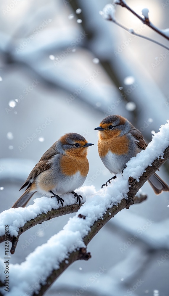 Two charming birds with orange chests sitting close together on a snowy branch in winter Two charming birds with orange chests sitting close together on a snowy branch in winter