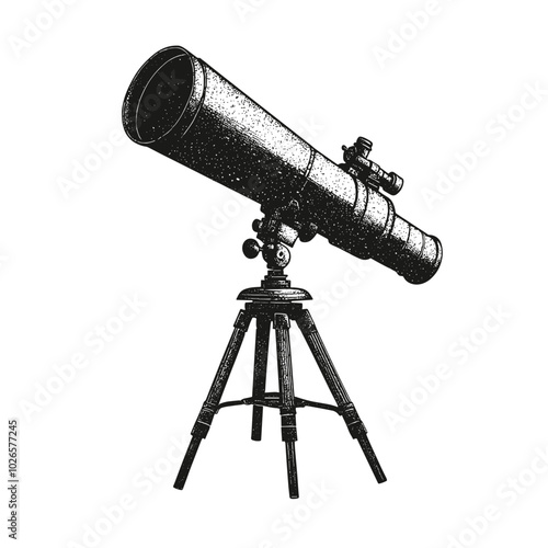 Telescope with photocopy effect and grunge stippling texture. Y2K vector illustration for posters and t-shirts.