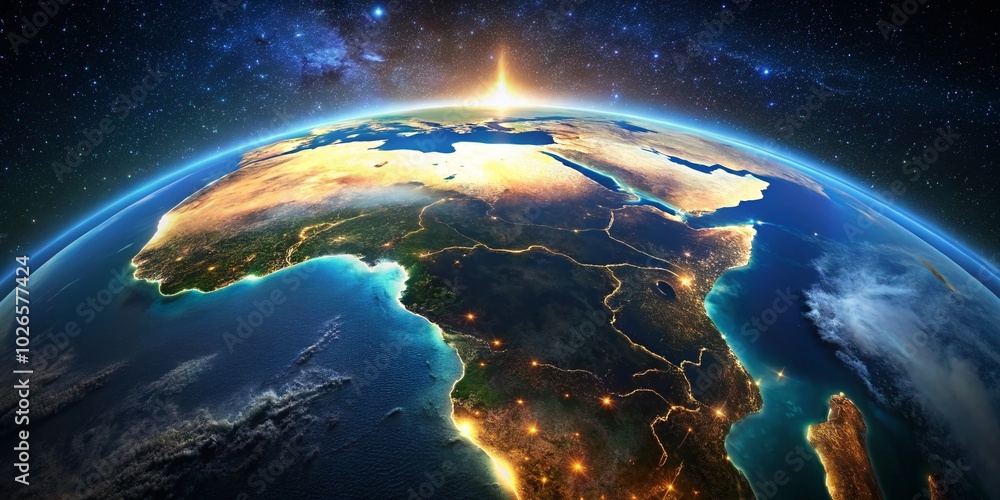 Obraz premium Stunning Nighttime View of Africa from Space Showcasing City Lights and Natural Landscapes in a Breathtaking